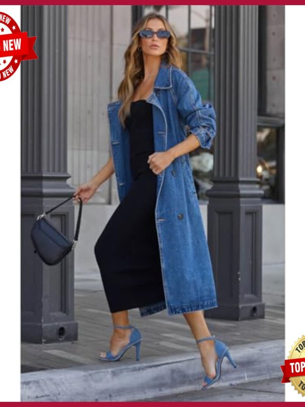 Long Denim Trench Coat Double Breasted Oversize Jacket - Picture 6 of 6